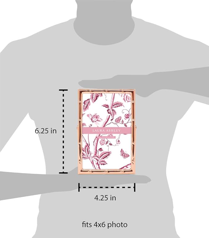 Laura Ashley 4x6 Rose Gold Bamboo Metal Picture Frame (Vertical) with Pull-Out Easel Stand, Made for Tabletop, Counterspace, Shelf and Desk