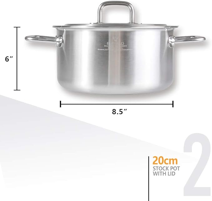 BUFFALO Clad Stainless Steel Sauce Pan 7", Stock Pot 8" & Stir Fry Pan 10" with Lid -Tri-Ply Premium Kitchen Cookware Set Stay-Cool Long Handle Deep Sauté Cooking Pot for Induction/Electric/Gas Stoves