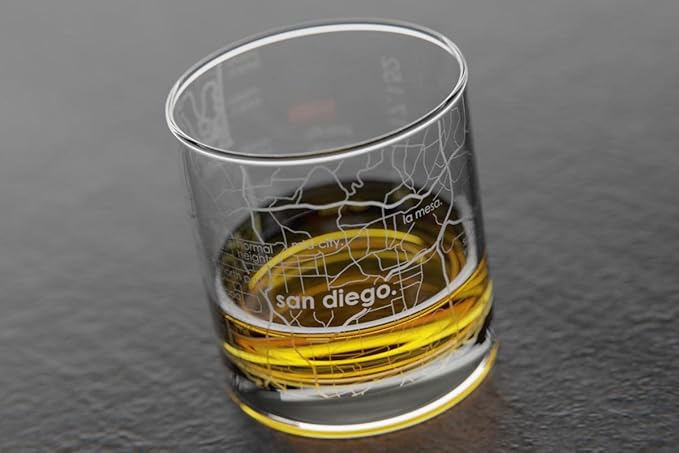 Well Told Engraved San Diego California Map Rocks Glass, Old Fashioned Whiskey Glass (11 oz, Clear) Etched Whiskey Glass, Gifts For Whiskey Lovers