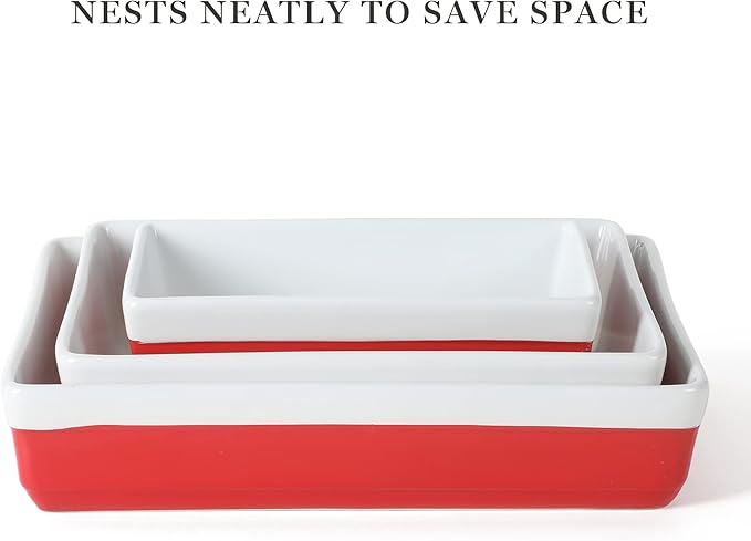 MARTHA STEWART 3-Piece Oven to Table Stoneware Bakeware Set – Baking Dish & Casserole Set – Red – Durable Oven-Safe Bakeware for Baking and Serving