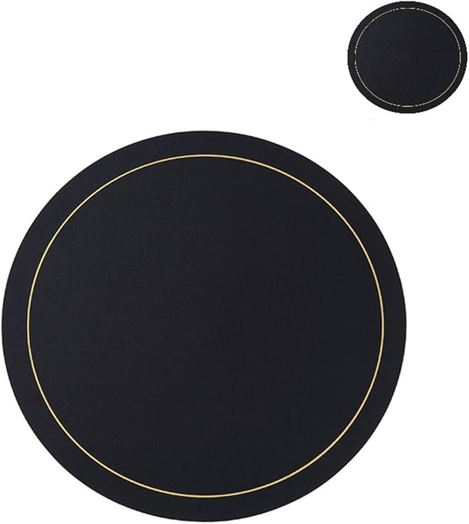 Luxury Round Faux Leather PU Placemat and Coaster for Easter Thanksgiving Year Party Home Decor Table Mat(GR Black)