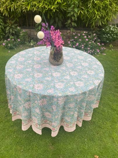 Ridhi Block Print Round Turquoise Blue Reusable Tablecloth 100% Cotton 120" Inch Decorative Table Cover eveyday Dining, Home, Party, Wedding, Farmhouse Gift for Spring, Easter, Valentine
