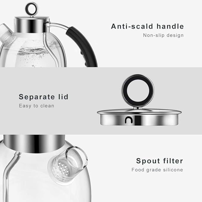 ASCOT Electric Kettle, Glass Electric Tea Kettle Gifts for Men/Women/Family 1.6L 1500W Borosilicate Glass Tea Heater, with Auto Shut-Off and Boil-Dry Protection (Silver)