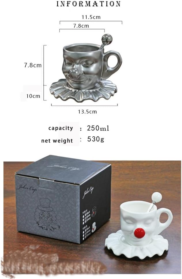 Tea Cups and Saucers, Ceramic Coffee Cup Set 8.5oz, Porcelain Tea Set Face artistic clown cup Design for Lover Gift & Home Decor-White
