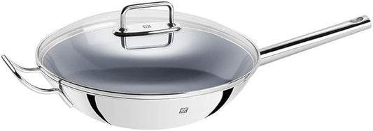 Zwilling Wok, Glass Lid and Removable Grid Insert, Incl. Long Handle, Suitable for Induction, Stainless Steel, Plus,Silver, Ø 32 cm