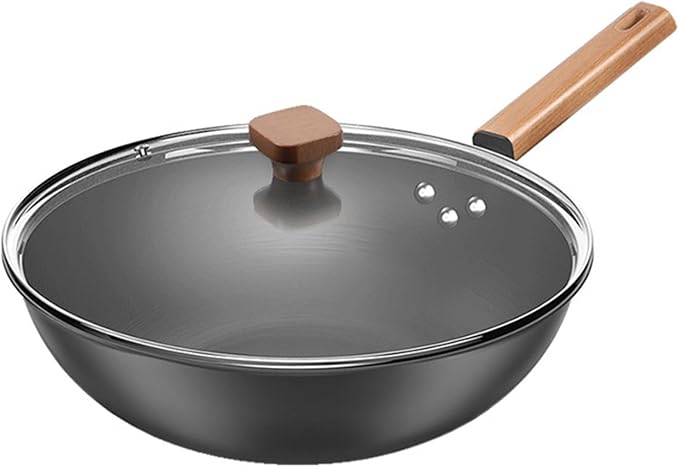 Woks & Stir-Fry Pans with Lid & Wooden Handle, No Chemical Coated Flat Bottom Chinese Wok Pan Cookware All Stoves