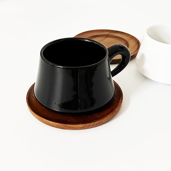 Black Cappuccino Mug and Wood Saucer - 7 oz Ceramic Coffee Cup with Saucer | Microwave Dishwasher Safe | For Tea, Espresso, Latte | Porcelain Cup Set for Kitchen Cafe | Great Gift