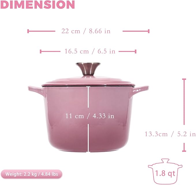 Dutch Oven Pot with Lid 1.8 qt Cast Iron Dutch Oven for Bread Baking Pink Enameled Cast Iron Rice Pot with Handels