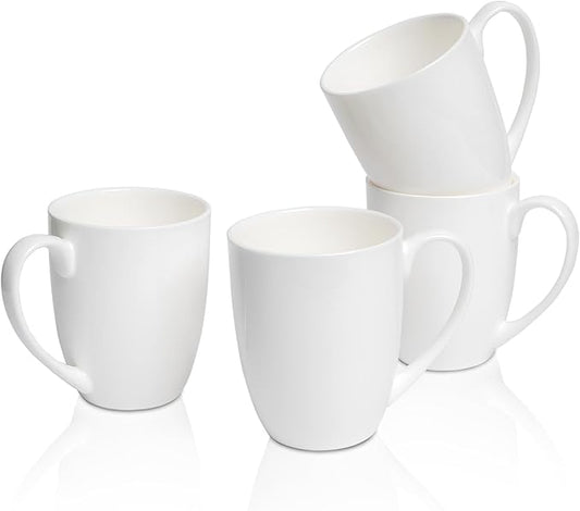 Plain White Fine Bone China Blank Coffee Mugs Set of 4, 11 Oz Tea Cups with Large Handle, Lightweight Ceramic Coffee Mugs, Aesthetic Coffee Cups