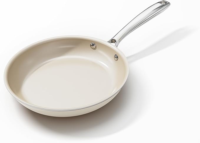 Ceramic Non Stick Egg Pans, Nonstick Frying Pan Skillet,8 inch Cooking Pan Non Toxic,Induction Suitable，PFAS-Free Cookware, Dishwasher Safe, Oven and Broiler Safe (Cream White, 8 Inch)