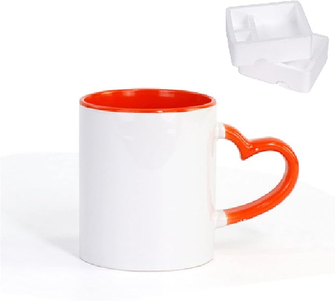 Ceramic Mug DIY Photo Heart Shape Handle Color Inside and Color Hand Cup Customized Pictures Logo Name Text Creative Cut Gifts(Orange-1)