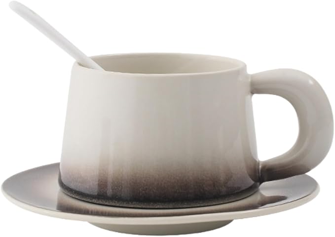 Ceramic Cappuccino Cup and Saucer Set, 8 oz, White with Pink Gradient, Microwave Safe, with Spoon (coffee)