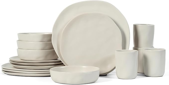 Stone by Mercer Project HEKONDA Modern Stoneware 16-Piece Dinnerware Set, Plate and Bowl Set, Dish Set for 4, Beige