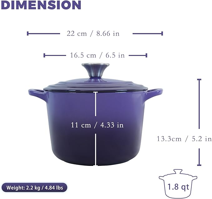 Dutch Oven Pot with Lid 1.8 qt Cast Iron Dutch Oven for Bread Baking Purple Enameled Cast Iron Rice Pot with Handels