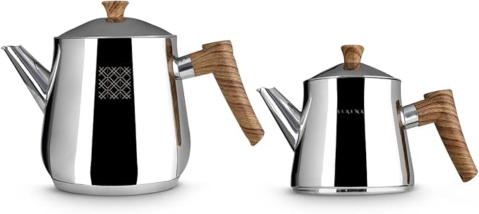 Serenk Definition Stainless Steel Teapot Set, 1L Teapot & 2L Lower Pot, Double-Stacked Design, Induction Compatible, Mirror Polished Finish, Tea Kettle for Home