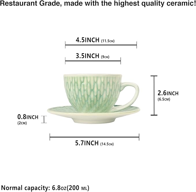 Coffee Mugs Set, 6.8 Oz,Ceramic Tea Cup with saucer, Espresso Cups 8-piece, Stackable Cups, for Latte,Hot Tea,Cappuccino, Mocha, Cocoa, dishwasher & microwave safe,Agate green
