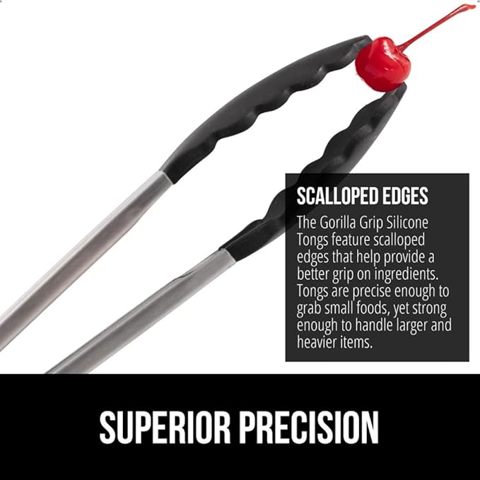 GORILLA GRIP Stainless Steel Heat Resistant Kitchen Tongs for Cooking, 7 + 9 + 12 Inch Set of 3 BBQ Tong, Non Scratch Silicone Tip for Pans, Strong Grip, Grab Food, Salad, Pull Lock, Black Gray Blue
