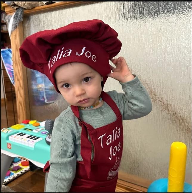 Personalized toddler apron for kitchen, custom cooking apron + chef hat set for kids, boy girl chef costume