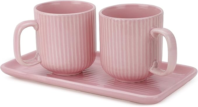 Ceramic Coffee Mugs with Handle Set – 2-Piece 11 Oz Ceramic Coffee Cups & 9" Tray, Handmade Pastel Pink Color, Microwave Safe Gift Set for Tea Lovers, Home Kitchen Décor
