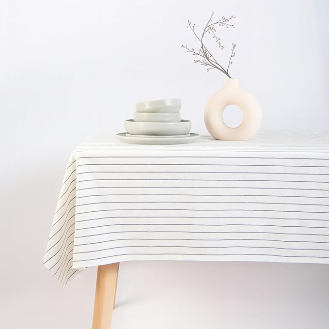 MONDAY MOOSE Striped Farmhouse Picnic Style Decoration Rectangle Natural Stonewashed Cotton Tablecloth for Kitchen, Dining Room, Restaurant (60x102 inch, White/Black Stripes)