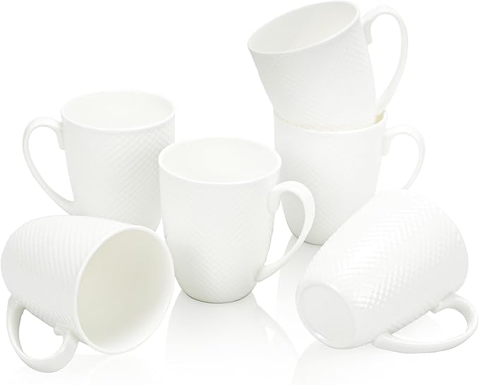 12 Oz Coffee Mugs Set of 6, Fine Bone China Mugs, White Ceramic Coffee Cups, Rhombus Relief Texture, Lightweight Tea Mugs for Latte, Hot Cocoa, Women, Men