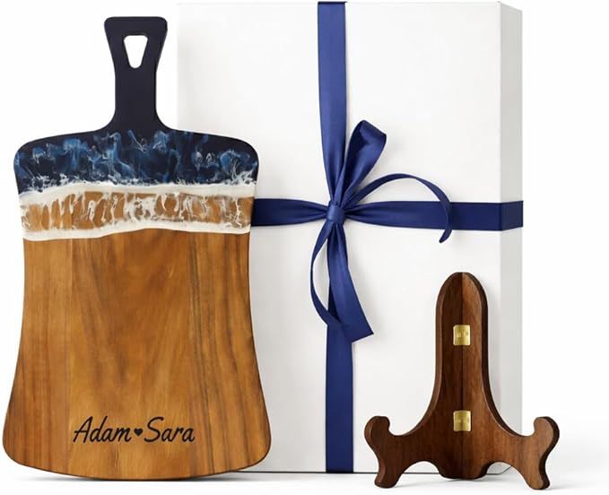 Personalized Charcuterie Board with display stand, Custom Engraved Wood Serving Board with Name, Housewarming Gift, Realtor Closing Gift, Wedding Gift for Couple, Muslim Couple Gifts, Ramadan Gifts
