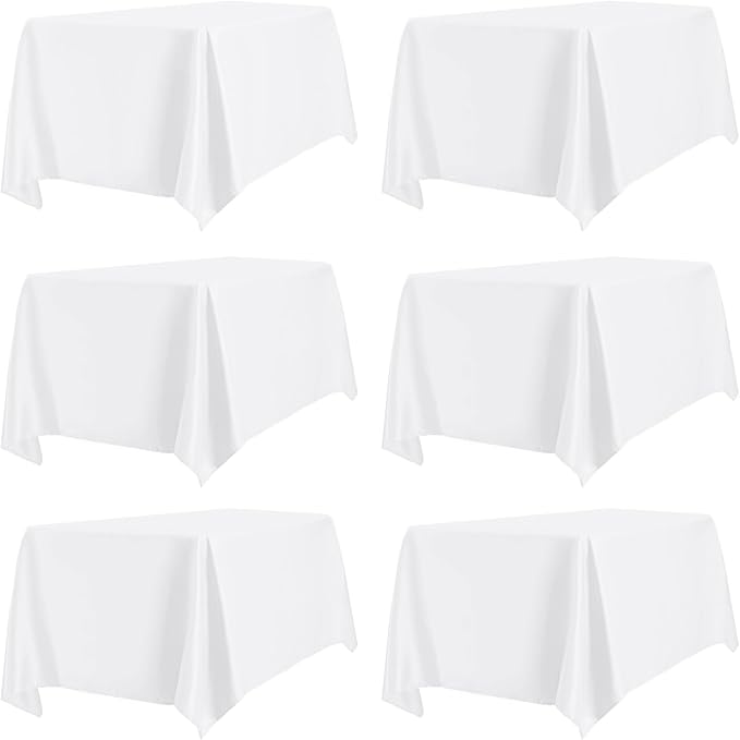 PureFit 6 Pack Rectangle White Table Cloths 90 x 132 Inch for 8Ft Tables, Stain and Wrinkle Resistant Table Linens for Home Use, Wedding, Party, Banquet and Camping