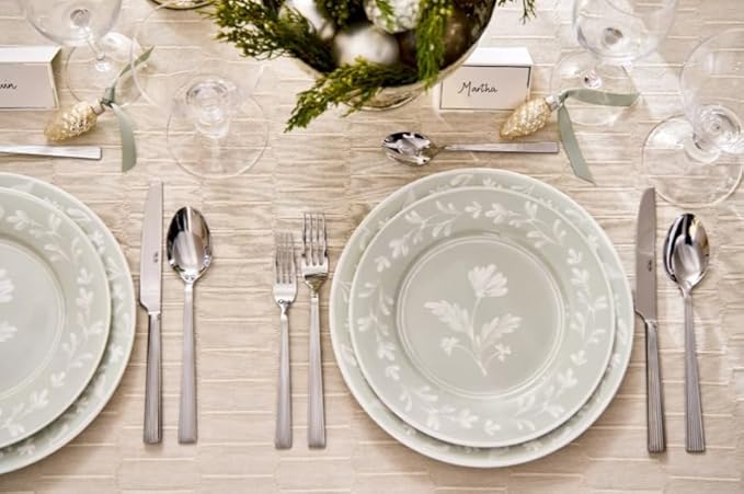 Martha Stewart Maiden Crown 12-Piece Sage Green Dinnerware Set – New Bone China Ceramic Plates & Bowls – Floral Design – Service for 4 – Microwave & Dishwasher Safe