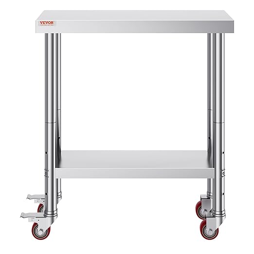 VEVOR Stainless Steel Work Table 30 x 12 x 34 Inch, 700 LBS Load Capacity with 4 Wheels, 3 Adjustable Height Levels, Heavy Duty Food Prep Worktable for Commercial Kitchen Restaurant, Silver