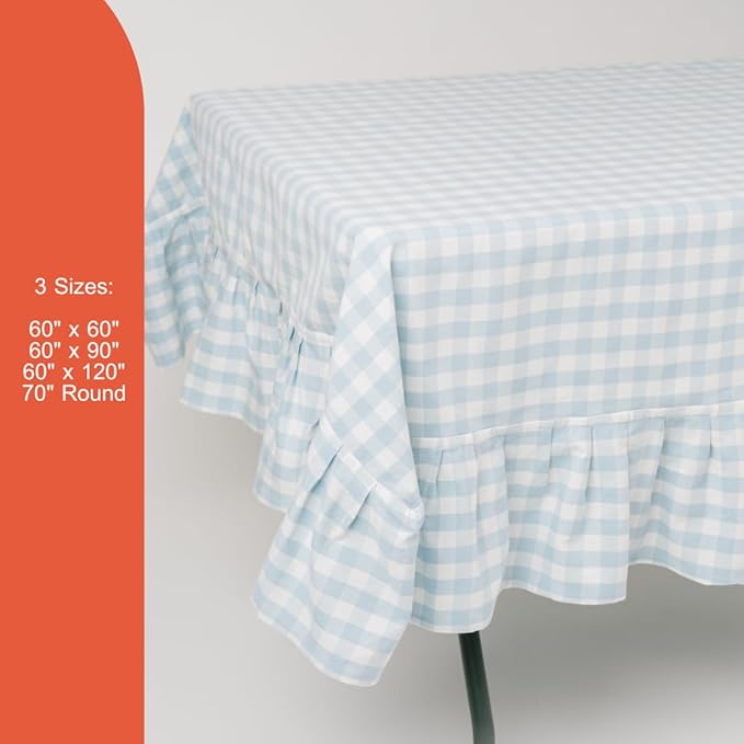 60x90 in Cotton Tablecloth with Ruffled Hem – Rectangular Farmhouse Dining Table Cover for Kitchen, Weddings, Parties, Indoor or Outdoor Picnic and Everyday Decor – Blue Checkered