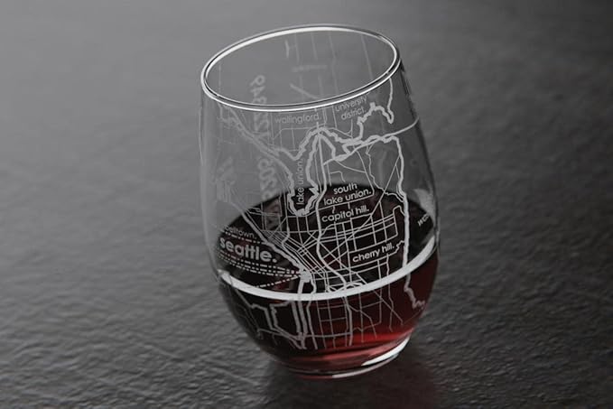 Well Told Engraved Seattle Washington Map Stemless Wine Glass, Etched Glassware (15 oz, Clear) City Map Gift, Custom Barware, Gifts for Wine Lovers