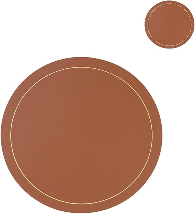 Luxury Round Faux Leather PU Placemat and Coaster for Easter Thanksgiving Year Party Home Decor Table Mat(GR Brown)