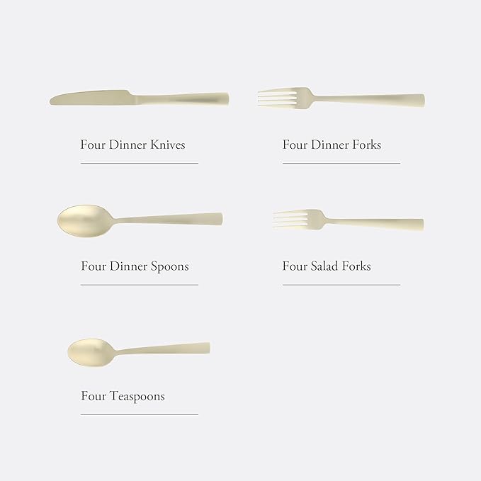 Gibson Elite Earlston 20-Piece Flatware Silverware Set - Stainless Steel Utensils - Forks, Spoons, Knives - Service for 4 - Matte Champagne Gold