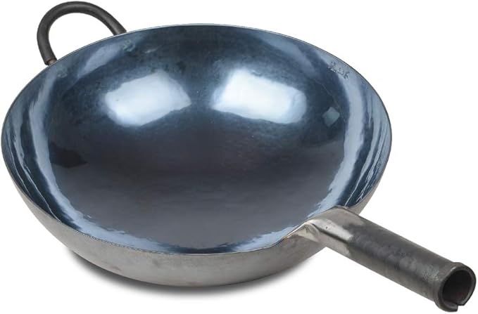 臻三环 ZhenSanHuan Chinese Hand Hammered Iron Woks and Stir Fry Pans, Non-stick, No Coating, Carbon Steel Pow (34CM, BlueBlack Seasoned with help handle)