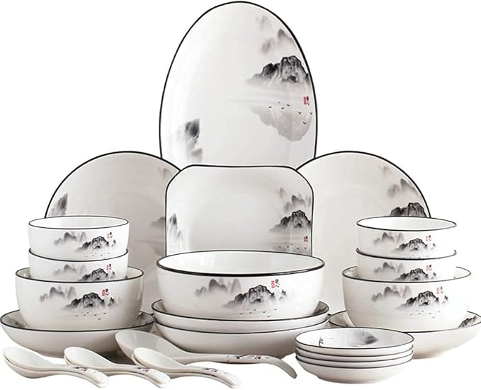 Dinnerware Set, Plates and Bowls Sets, Chinese Style Porcelain Set Dinner Dishes Set Plates/Bowls/Spoons and Soup Pot Service for 12, 60-Piece