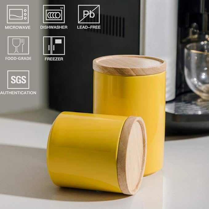 Sweejar Kitchen Canisters Ceramic Food Storage Jar, Stackable Containers with Airtight Seal Wooden Lid for Serving Ground Coffee, Tea, Sugar, Salt and More - 16 Fl Oz (Yellow)