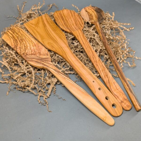 Handmade Olive Wood Kitchen Utensil Set - 4-Piece Artisan Cooking and Serving Utensil Bundle, Olive Wood Utensils, Fair-Trade, Handcrafted, Includes 2 Greek Recipes - LESVOS WOODCRAFT