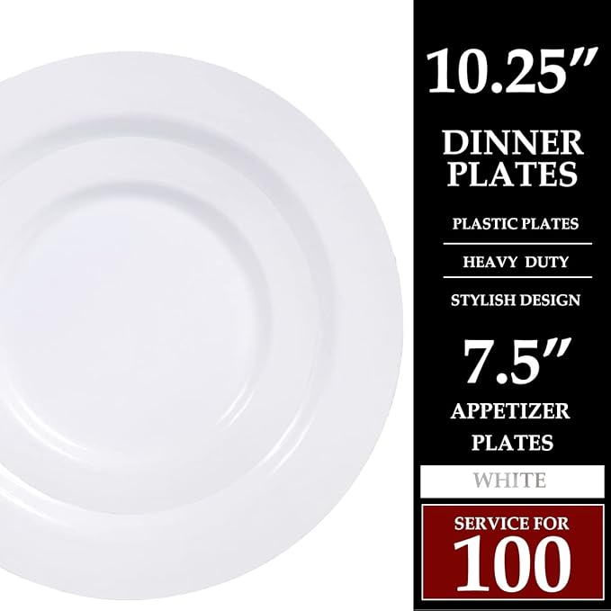 100 Piece Plastic Party Plates White, 50 Premium Heavy Duty 10.25 Inch Dinner Plates and 50 Disposable 7.5 Inch Dessert Appetizer Elegant Fancy Heavy Duty Wedding Plates