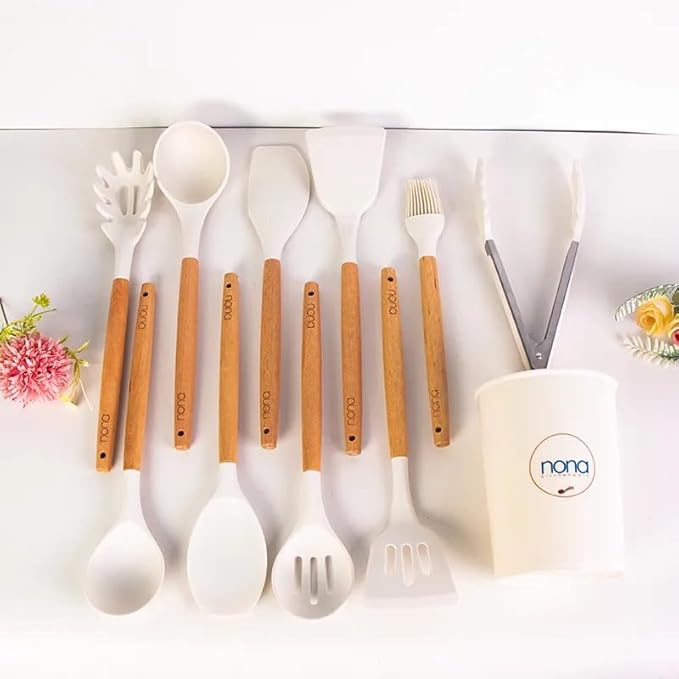 Silicone Cooking Utensils Set, 12 PCS Nonstick, BPA-Free, Wooden Handle, Non Toxic, Ideal for Home & Professional Kitchens