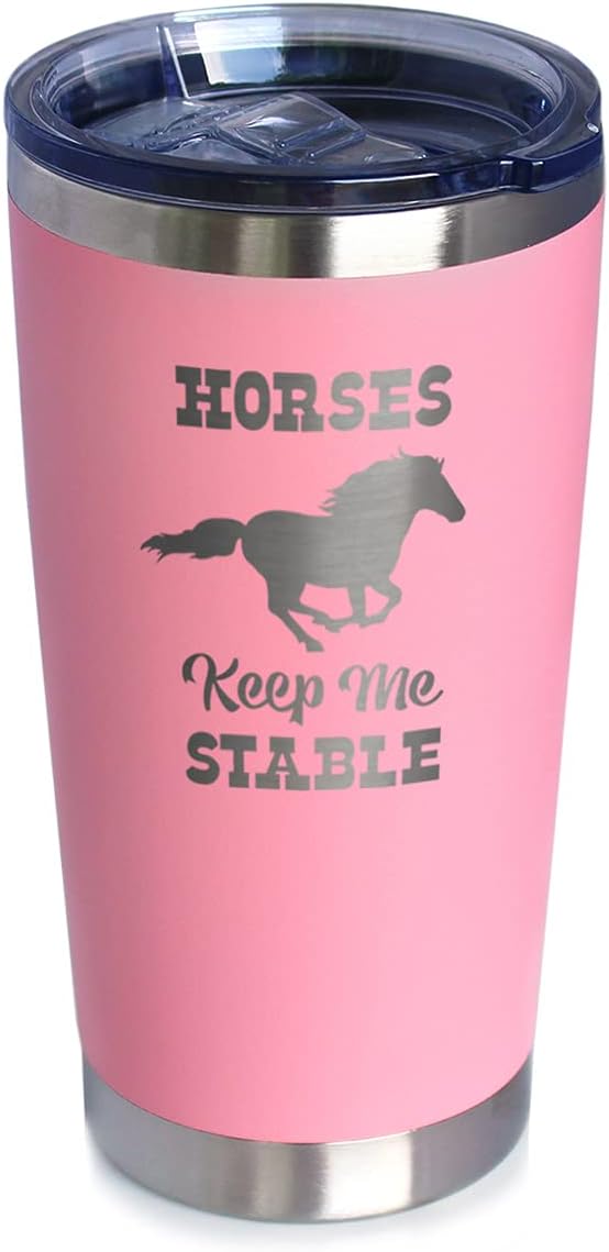 Bevvee Horses Keep Me Stable - Insulated Coffee Tumbler Cup with Sliding Lid - Stainless Steel Insulated Mug - Horse Themed Coffee Gifts - Pink