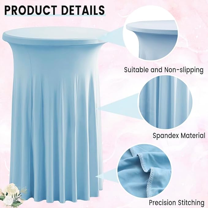 Qubjus 2 Pack Round Cocktail Tablecloth with Skirt Stretch Spandex Table Covers 24"x43" Cocktail Round Table Skirt for Party Wedding Birthday Banquet, Light Blue