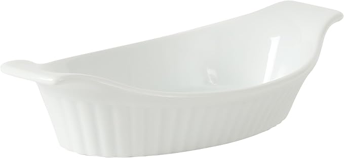 Gibson Home Gracious Dining Oval Au Gratin Baking Dishes, 4-Piece Set – 9 oz Oven Safe Banana Split Bowls, Ceramic Small Casserole Dishes with Handles, Microwave & Dishwasher Safe Mini Bakeware, White