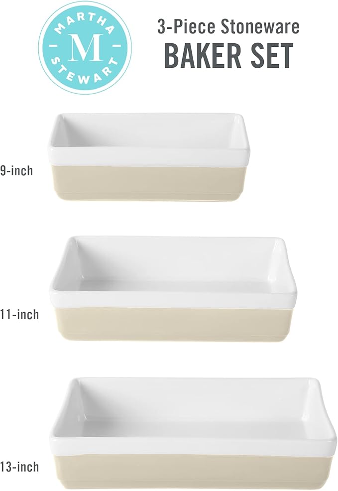 MARTHA STEWART 3-Piece Oven to Table Stoneware Bakeware Set – Baking Dish & Casserole Set – Grey – Durable Oven-Safe Bakeware for Baking and Serving
