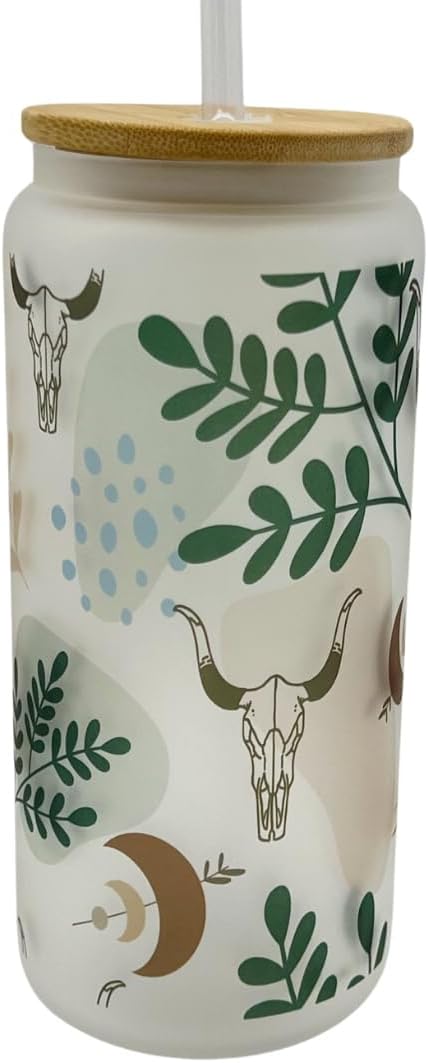 20oz Frosted Glass With Bamboo Lid and Plastic Straw - Western (Western #3, 20oz)