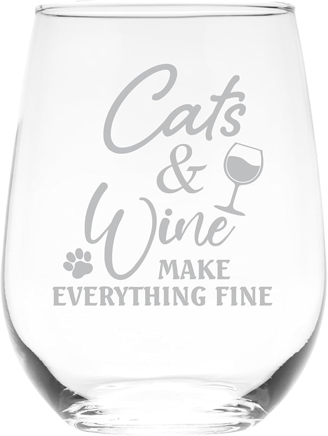C M - Cats and Wine Make Everything Fine Funny Stemless Wine Glass - Cat Lover Themed Gift for Women and Men - 17 oz. (Style CW2)