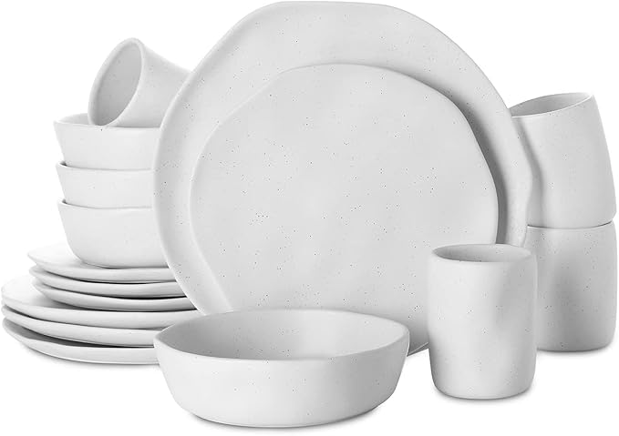 Stone by Mercer Project HEKONDA Modern Debossed Stoneware 32-Piece Dinnerware Set, Plate and Bowl Set, Dish Set for 8, White Speckled