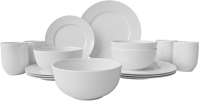 Yoshy 12-Piece White Bone China Dinnerware with Lightweight Durable Chip Resistant Design Service for 4 (16 Piece - Service for 4, Rhythmlight)