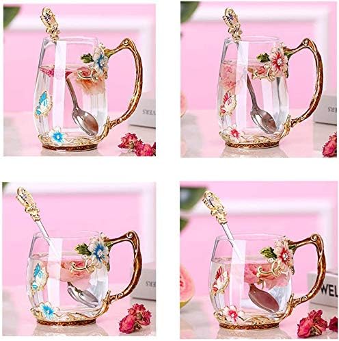 Luka Tech Enamel Butterfly flower Glass Mug with Spoon, Gifts For Women Wife Mom Friends Birthday Mothers Valentines Day Christmas (Blue-Tal)