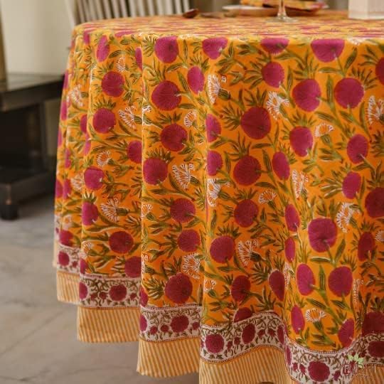 Ridhi Block Print Round Bubblegum Pink Reusable Tablecloth 100% Cotton 132" Inch Decorative Table Cover eveyday Dining, Home, Party, Wedding, Farmhouse Gift for Spring, Easter, Valentine
