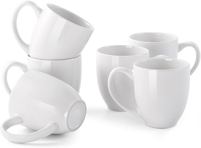 DOWAN Coffee Mugs, White Coffee Mugs Set of 6, 16 oz Ceramic Coffee Cups with Large Handles for Men Women, Porcelain Big Mug for Tea Latte, Mug Gifts for Home Office Party